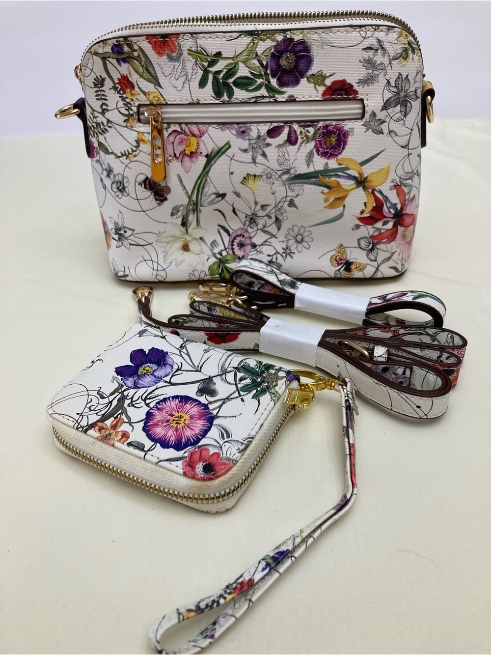 Botanical Floral Print White Crossbody Bag with Matching Wristlet.